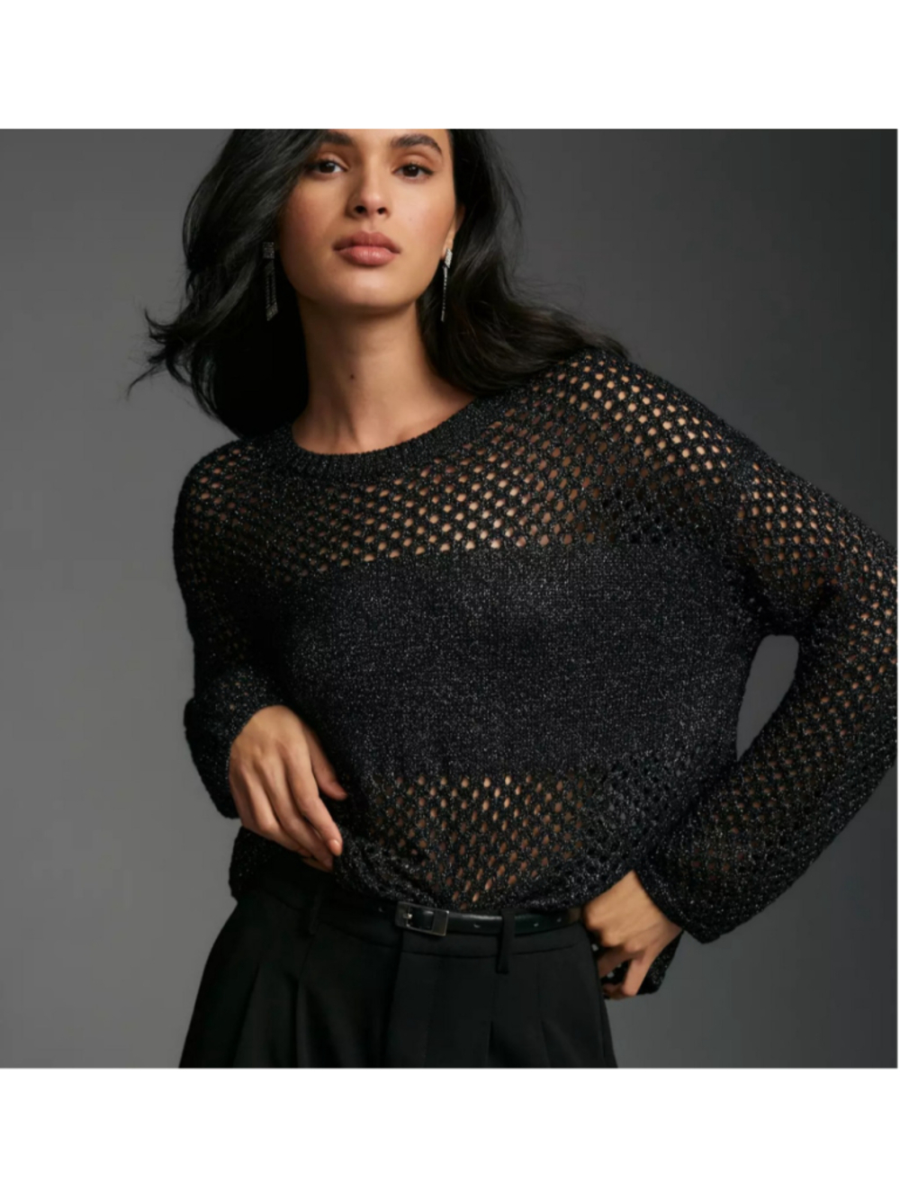Pilcro Anthropologie Metallic Black Open Knit Mesh Knit Sweater Crewneck Sz S
